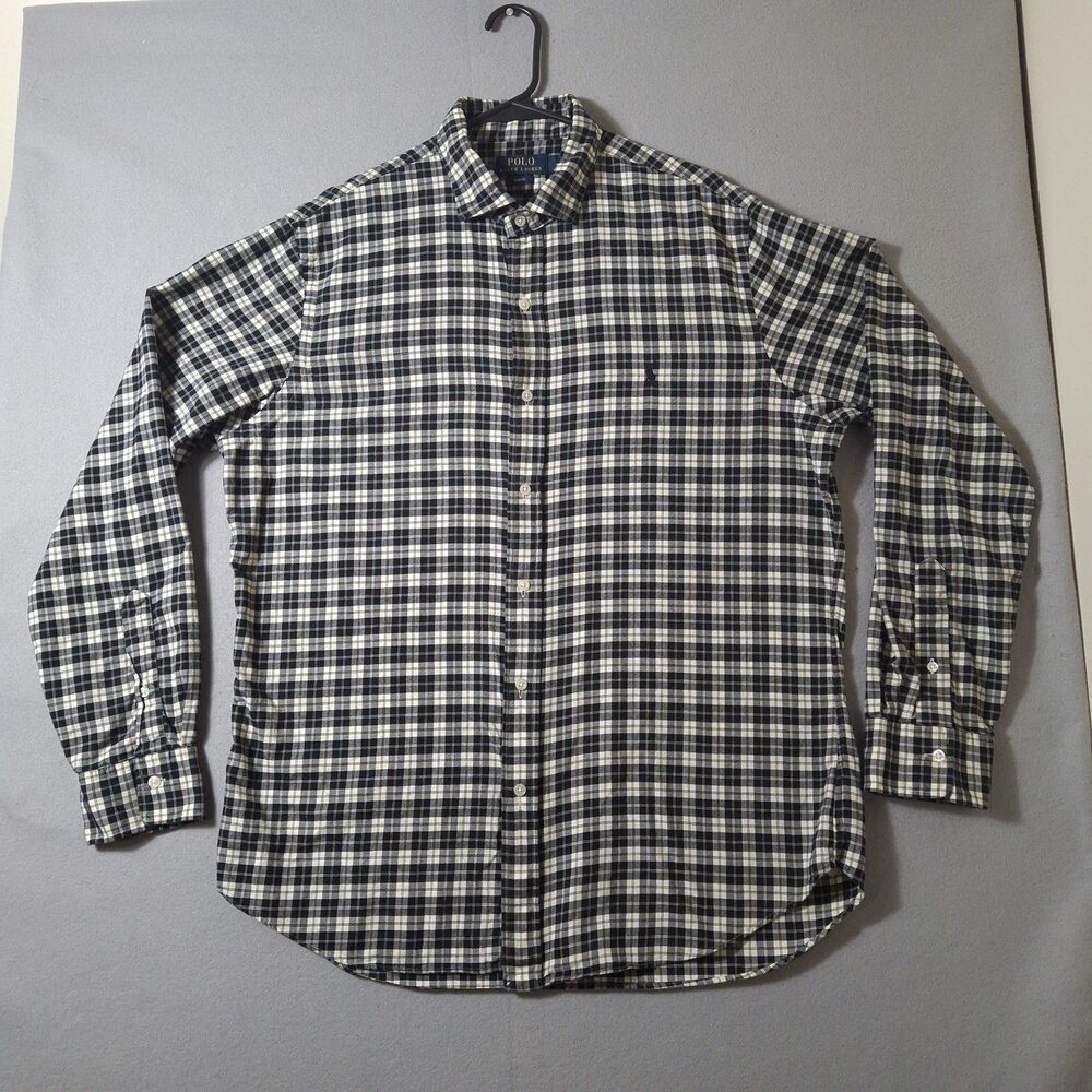 Polo Ralph Lauren Slim Fit Shirt Mens XL Black White Micro Plaid Tattersall